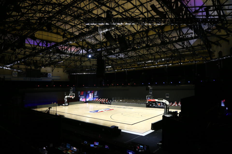 A general view inside The Field House before Game 5 of an NBA basketball first-round playoff series, between the Oklahoma City Thunder and Houston Rockets, Wednesday, Aug. 26, 2020, in Lake Buena Vista, Fla. NBA players made their strongest statement yet against racial injustice Wednesday when the Milwaukee Bucks didn’t take the floor for their playoff game against the Orlando Magic. (Kim Klement/Pool Photo via AP)