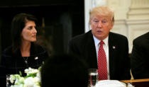 With U.S. Ambassador to the United Nations Nikki Haley at his side (L), U.S. President Donald Trump speaks during a working lunch with ambassadors of countries on the UN Security Council at the White House in Washington, U.S., April 24, 2017. REUTERS/Kevin Lamarque