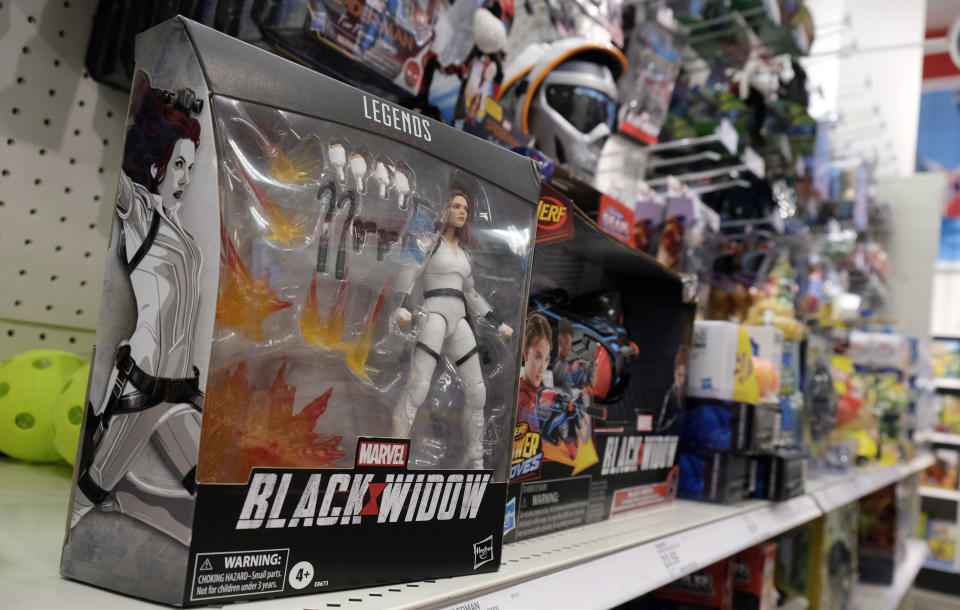 An action figure based on the upcoming Marvel Studios film "Black Widow" is displayed in the toy section at a Target department store, Thursday, April 30, 2020, in Glendale, Calif. Despite film delays, toy production and gaming companies are staying on schedule, releasing a variety of products tied to major titles in hopes of weathering through the pandemic. Most products are already in retail, appearing on store shelves and being sold online several months to a year ahead of the film’s new release date. (AP Photo/Chris Pizzello)