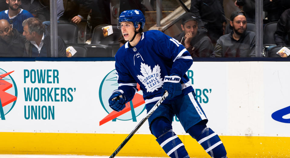 TORONTO, ON - NOVEMBER 5: Toronto Maple Leafs center Mitchell Marner #16 skates against the Los Angeles Kings during the third period at the Scotiabank Arena on November 5, 2019 in Toronto, Ontario, Canada. (Photo by Kevin Sousa/NHLI via Getty Images)