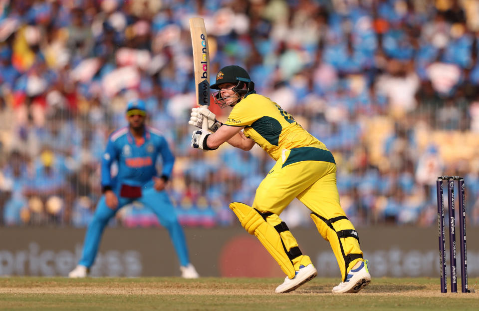 Steve Smith bats during the Cricket World Cup opener. India beat Australia by six wickets. (Robert Cianflone/Getty Images)