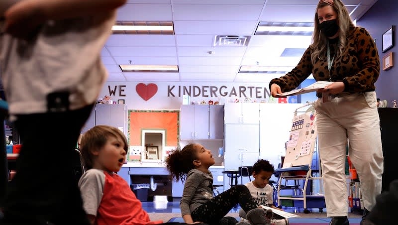 Kindergartner teacher Danielle Jacketta works with her students at Woodrow Wilson Elementary School in Salt Lake City on Friday, Feb. 25, 2022.  Legislators are debating the latest version of SB193, which seeks to provide more state funding to increase the number of Utah public schools that offer full-day kindergarten.