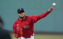 Boston Red Sox starting pitcher Eduardo Rodriguez delivers during the first inning of the team's baseball game against the Tampa Bay Rays at Fenway Park, Tuesday, Aug. 10, 2021, in Boston. (AP Photo/Charles Krupa)