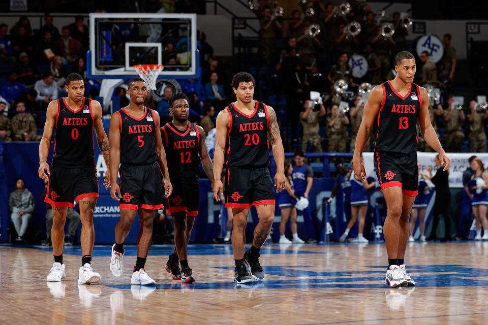 San Diego State's Keshad Johnson (0), Lamont Butler (5), Darrion Trammell (12), Matt Bradley (20) and Jaedon LeDee (13) may not be bluechip recruits, but they've carried the Aztecs to their first Final Four. (Isaiah J. Downing-USA TODAY Sports)