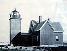 An 1820 lighthouse on Billingsgate Island off Wellfleet was moved to higher ground in 1850.