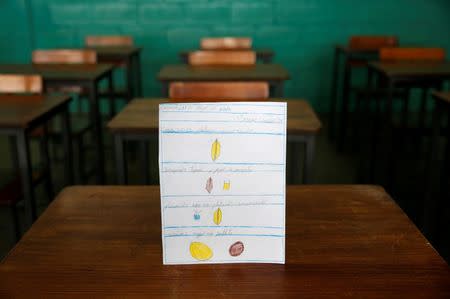 A drawing made during a lesson at a school shows what a student ate during the course of a day in Caracas, Venezuela July 14, 2016. The student wrote, "Ate cooked plantain for breakfast; had soup with fried plantain and passion fruit juice for lunch and mango and a cookie for dinner." Picture taken July 14, 2016. REUTERS/Carlos Jasso