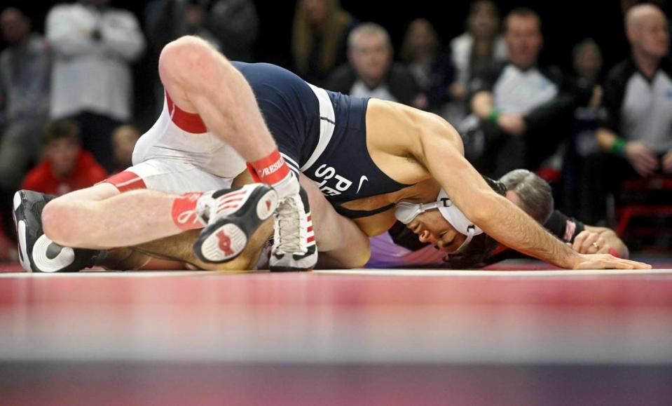 Penn State’s Aaron Nagao pins Nebraska’s Jacob Van Dee in the133 lb third place bout of the Big Ten Wrestling tournament at the Xfinity Center at the University of Maryland on Sunday, March 10, 2024. Abby Drey/adrey@centredaily.com