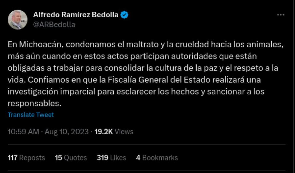 Alfredo Ramírez Bedolla realiza una declaración de los hechos/ Twitter