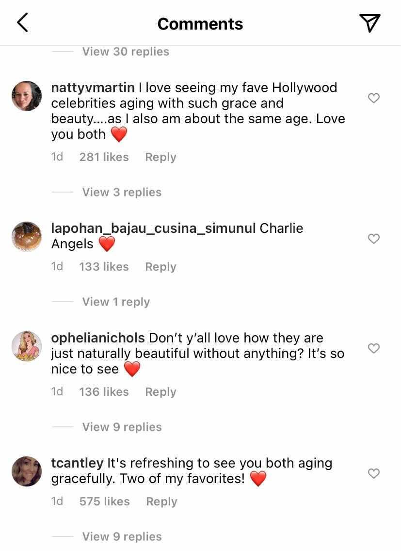 Screenshots from Drew Barrymore's Instagram comments show fans supporting her and Cameron Diaz's "unedited" selfie.