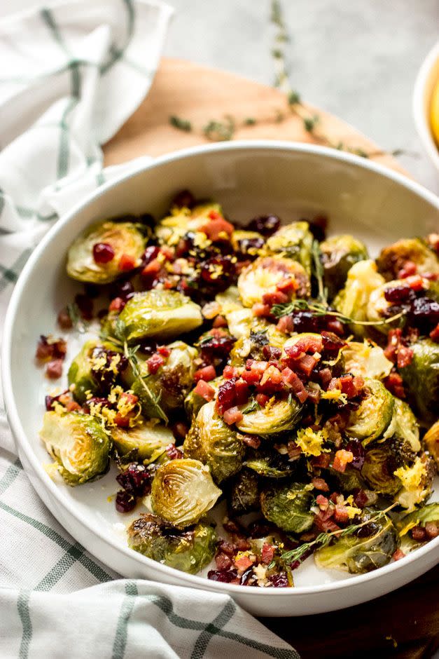 Roasted Brussels Sprouts with Cranberries and Prosciutto