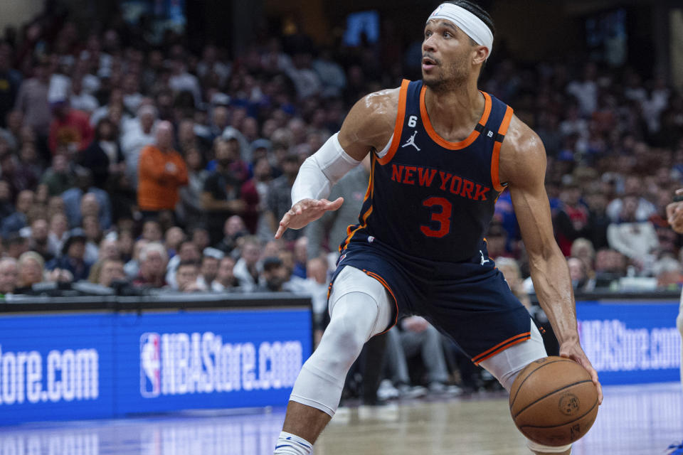 New York Knicks' Josh Hart (3) looks to the basket during the second half of Game 5 of the team's NBA basketball first-round playoff series against the New York Knicks, Wednesday, April 26, 2023. in Cleveland. The Knicks won 106-95 and took the series. (AP Photo/Phil Long)