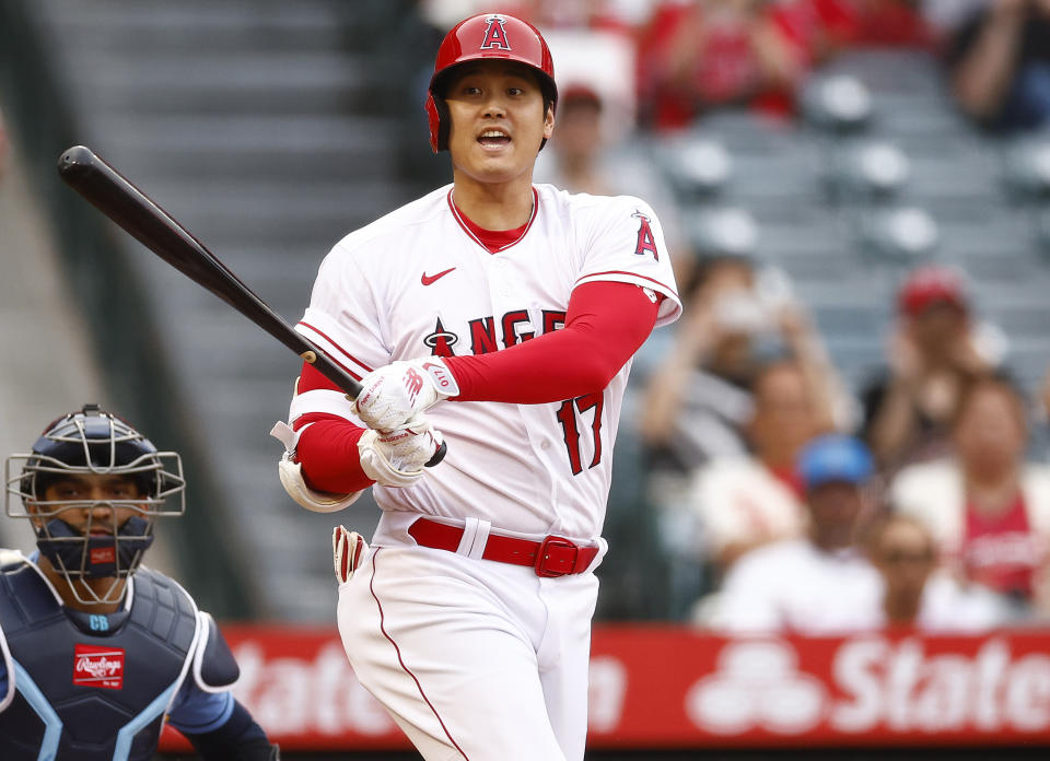 ANAHEIM, CALIFORNIA - AUGUST 19:  Shohei Ohtani #17 of the Los Angeles Angels at bat against the Tampa Bay Raysin the first inning of game two of a doubleheader at Angel Stadium of Anaheim on August 19, 2023 in Anaheim, California. (Photo by Ronald Martinez/Getty Images)