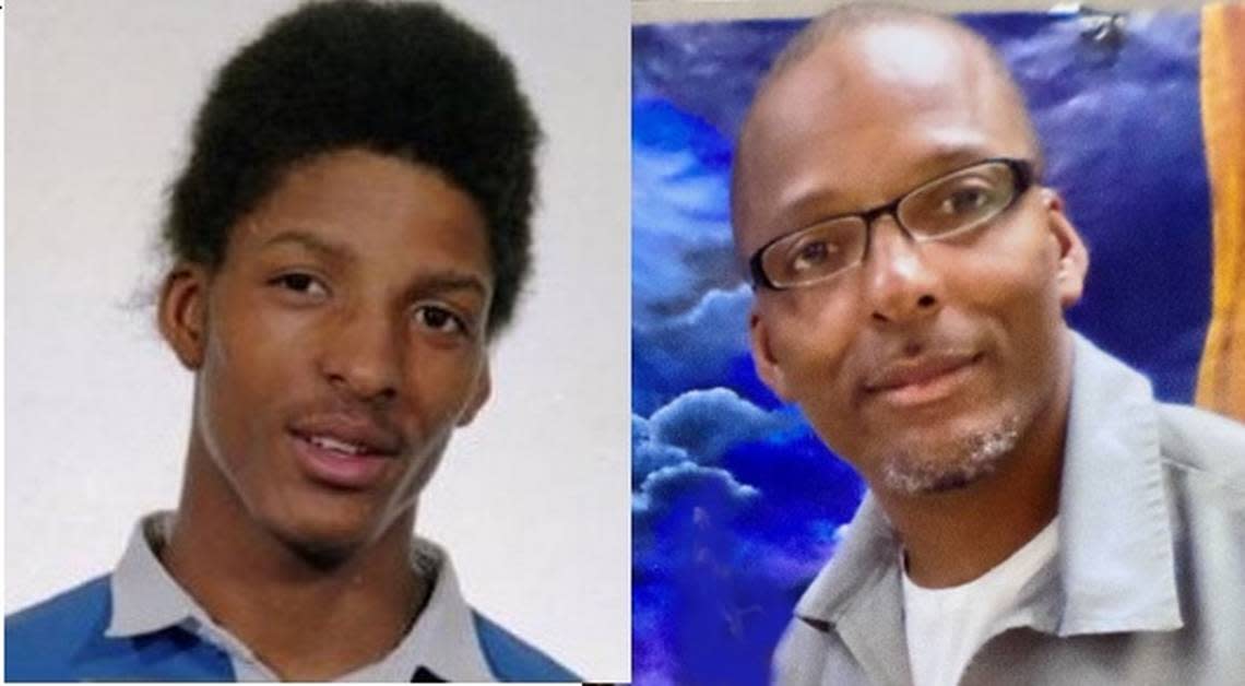 On the left, Christopher Dunn can be seen as a teenager. On the right, he poses for a photograph taken in a Missouri prison. Kira Dunn