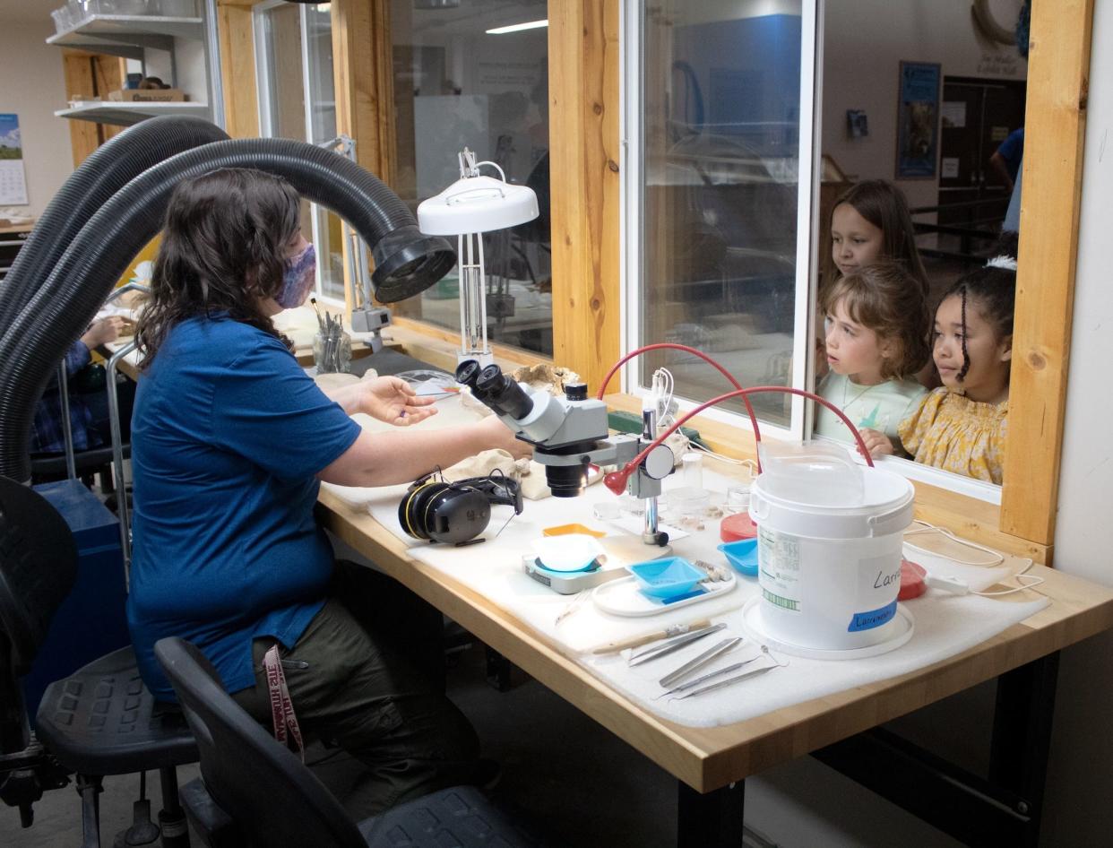 Children look through a window at a person using tools in a lab to work on fossils