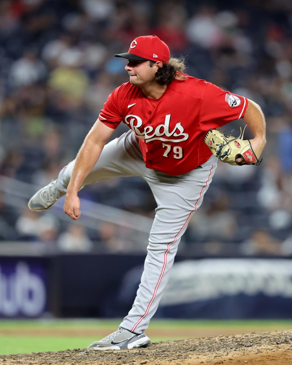 Jul 12, 2022; Bronx, New York, USA; Cincinnati Reds relief pitcher Ian Gibaut (79) follows through on a pitch against the New York Yankees during the seventh inning at Yankee Stadium. Mandatory Credit: Brad Penner-USA TODAY Sports
