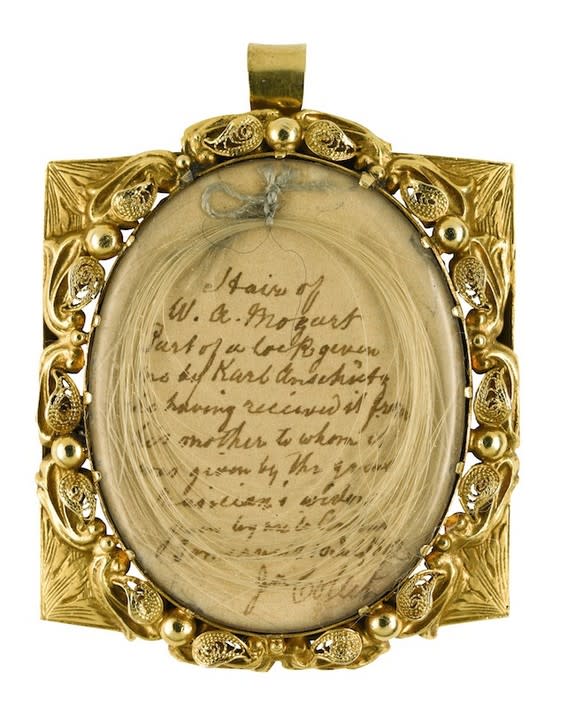 This lock of Mozart's hair, encased in a gilt locket, is expected to sell for at least $15,000 at auction.