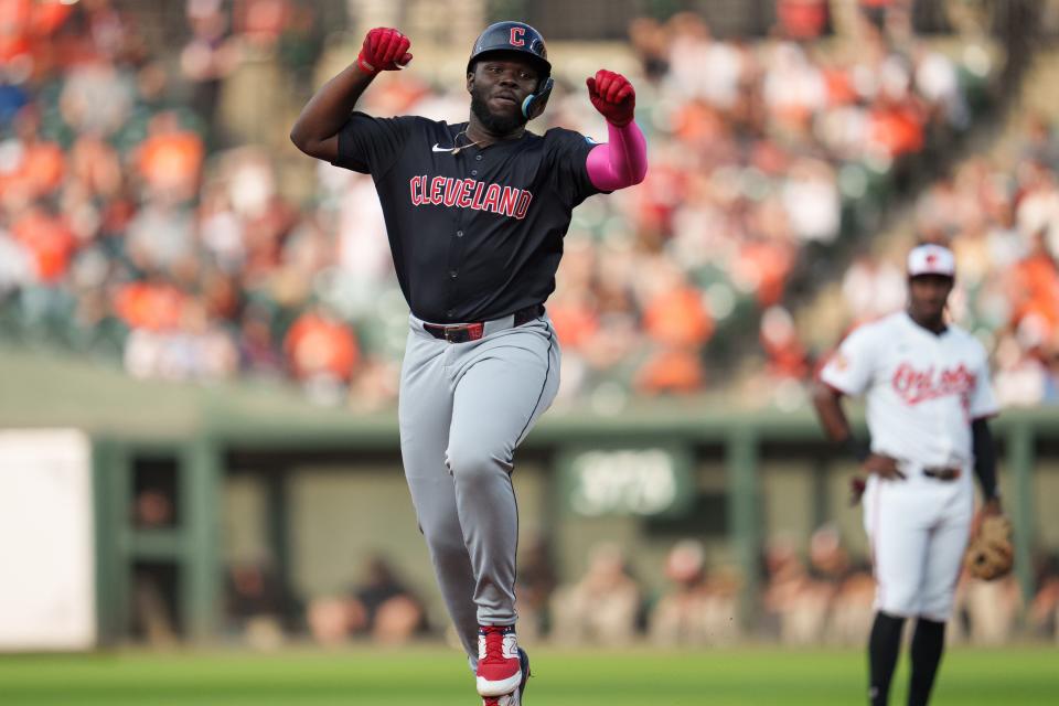 Jun 26, 2024; Baltimore, Maryland, USA; Cleveland Guardians outfield Jhonkensy Noel (43) celebrates after hitting a home run during the second inning against the Baltimore Orioles at Oriole Park at Camden Yards. Mandatory Credit: Reggie Hildred-USA TODAY Sports