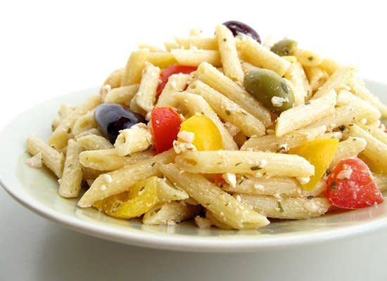 <strong>Get the <a href="http://www.gastronomersguide.com/2010/05/greek-pasta-salad.html" target="_hplink">Greek Pasta Salad recipe from Gastronomer's Guide</a></strong>    The flavors of Greece influence this summery pasta salad, which includes Greek olives, bell pepper and tomato. Olive oil, fresh oregano and feta cheese create the dressing.