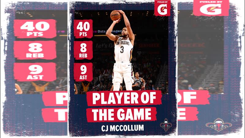 麥考倫（CJ McCollum）飆全場最高40分，達成轉隊後首次40得分的比賽。（圖／翻攝自鵜鶘推特）