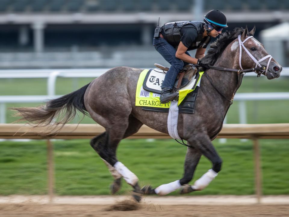 Kentucky Derby hopeful Charge It works out on the track at Churchill Downs. April 25, 2022