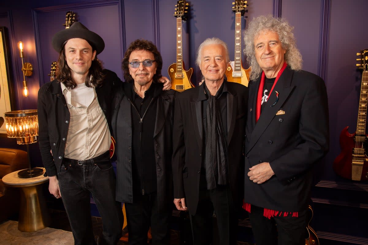 From left, James Bay, Tony Iommi, Jimmy Page and Brian May pose at the launch of Gibson Garage London (Dave Hogan/Hogan Media/Shutterstock)