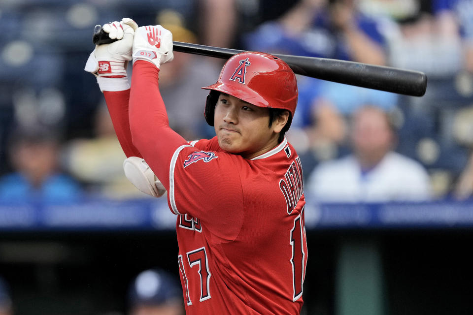 Los Angeles Angels' Shohei Ohtani, from Japan, bats during the first inning of a baseball game against the Kansas City Royals Friday, June 16, 2023, in Kansas City, Mo. (AP Photo/Charlie Riedel)