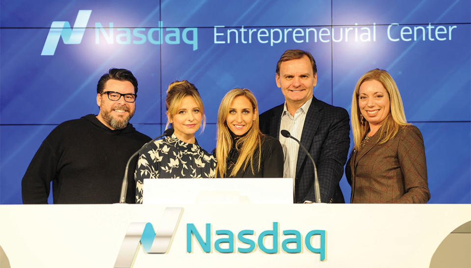 Gellar (second from left) with her Foodstirs partners, ringing the closing bell at Nasdaq in 2017.