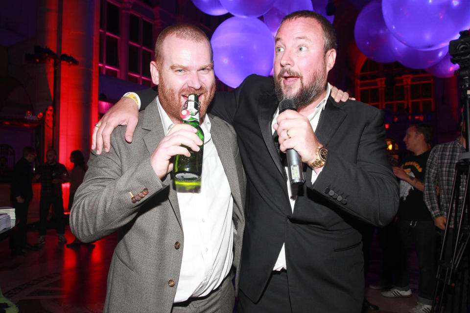 Andrew Creighton, left, with Vice founder Shane Smith in 2011.&nbsp; (Photo: Astrid Stawiarz via Getty Images)