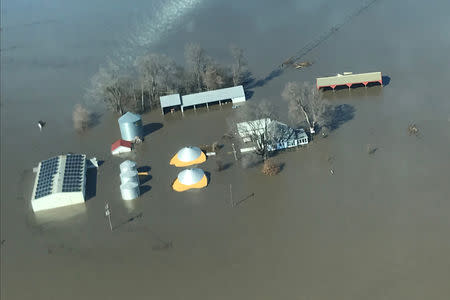 The flooded farm of Richard Oswald is seen in an aerial photo taken near Langdon, Missouri March 20, 2019. Picture taken March 20, 2019. Courtesy of Richard Oswald/Handout via REUTERS.