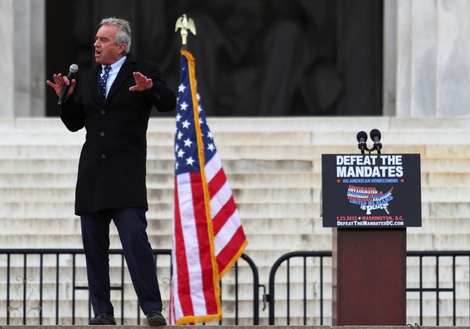 Robert F Kennedy Jr speaks during the rally railing against pharmaceutical companies (REUTERS)