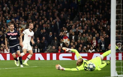 Harry Kane of Tottenham Hotspur scores his team's fifth goal during the UEFA Champions League group B match between Tottenham Hotspur and Crvena Zvezda at Tottenham Hotspur Stadium on October 22, 2019 in London, United Kingdom - Credit: Getty Images