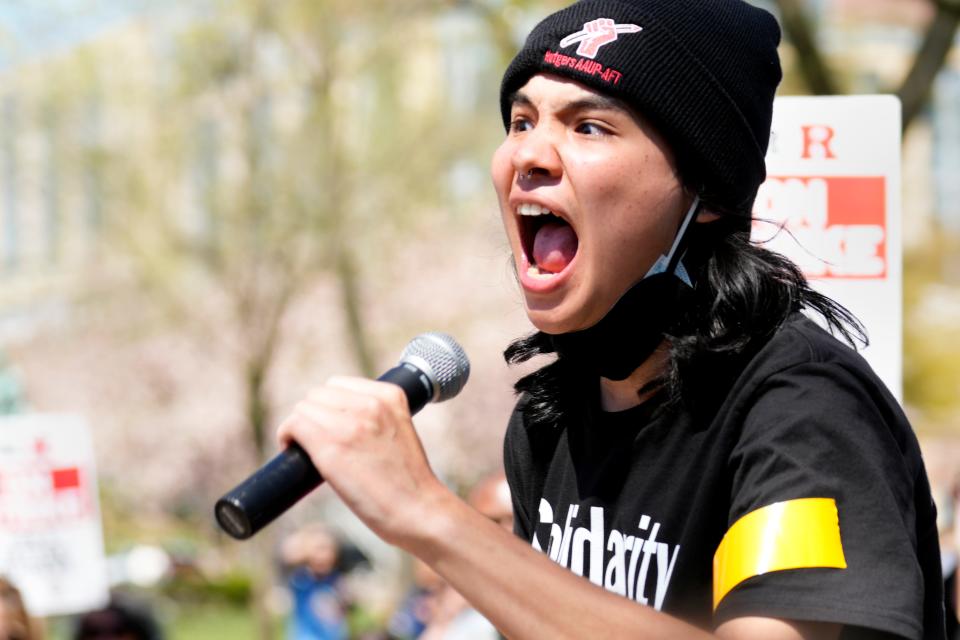 Ming (last name withheld), who graduated Rutgers University last semester, gives a passionate speech, at the New Brunswick rally. Monday, April 10, 2023