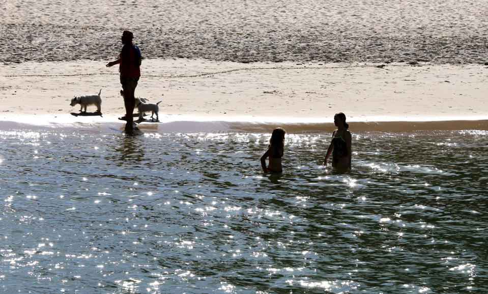 Beachgoers are seen at Glenelg Beach in Adelaide on Thursday as the temperature reached 46.2C. Source: AAP