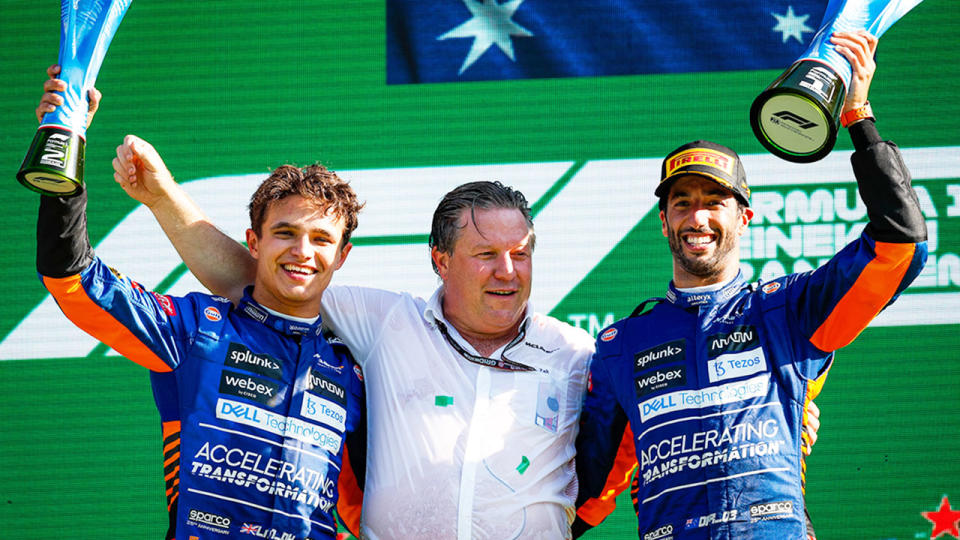 Seen here, Daniel Ricciardo and McLaren teammate Lando Norris celebrate on the podium at Monza.