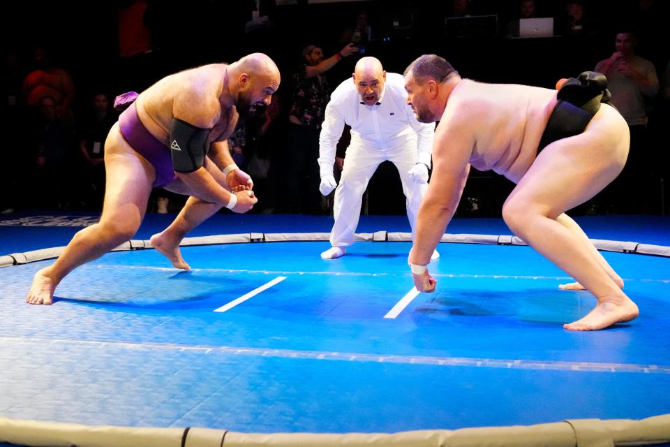 Abdelrahman "Sandstorm" Shalan and Soslan Gagloev prepare to wrestle on Jan. 25, 2024 at White Eagle Hall in Jersey City.