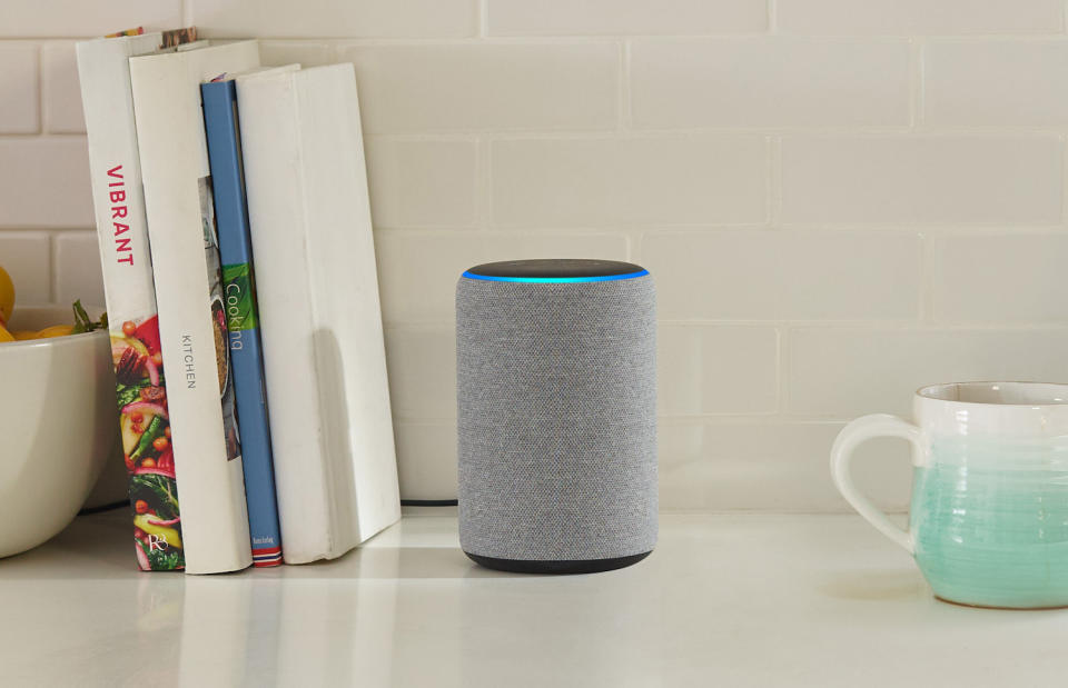 An Echo smart speaker on a countertop.