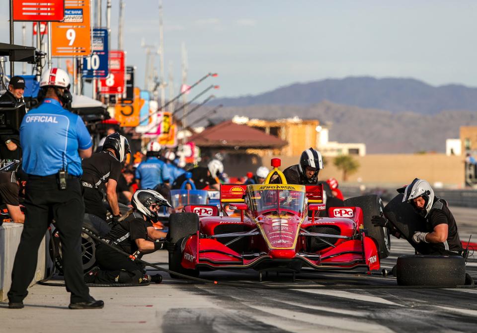 Josef Newgarden of Team Penske pulls in for a pit stop during pit stop practice at the end of the afternoon session during day two of NTT IndyCar Series open testing at The Thermal Club in Thermal, Calif., Friday, Feb. 3, 2023. 