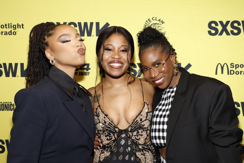 Chlöe Bailey, Dominique Fishback, and Janine Nabers pose at the SXSW premiere of 'Swarm' in Austin, Texas, on March 10, 2023.