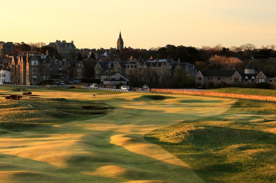 ST ANDREWS, UNITED KINGDOM - APRIL 18: The par four 17th hole 'The Road Hole' of the Old Course at St Andrews taken from the Old Course Hotel on April 18, 2017 in St Andrews, Scotland. (Photo by David Cannon/Getty Images)