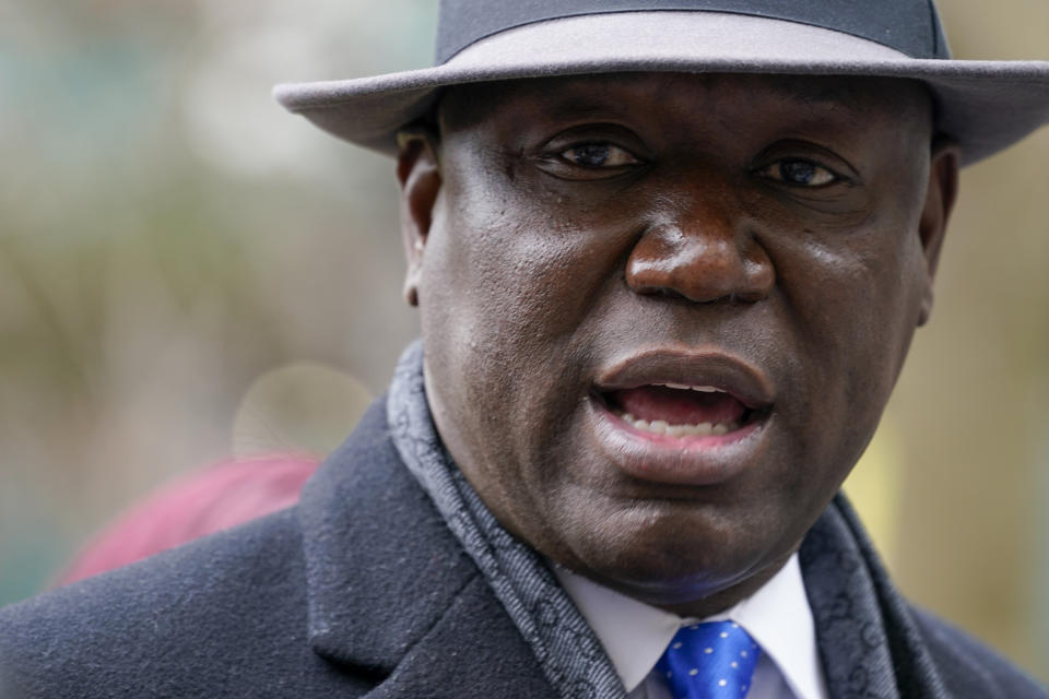 Attorney Ben Crump speaks during a news conference to announce the filing of a lawsuit against Arlo Hotels and Miya Ponsetto, Wednesday, March 24, 2021, in New York. Keyon Harrold and his son were allegedly racially profiled in an Arlo hotel in Manhattan by Miya Ponsetto in December 2020. Ponsetto wrongly accused Keyon Harrold Jr. of stealing her phone and physically attacking him. (AP Photo/Mary Altaffer)