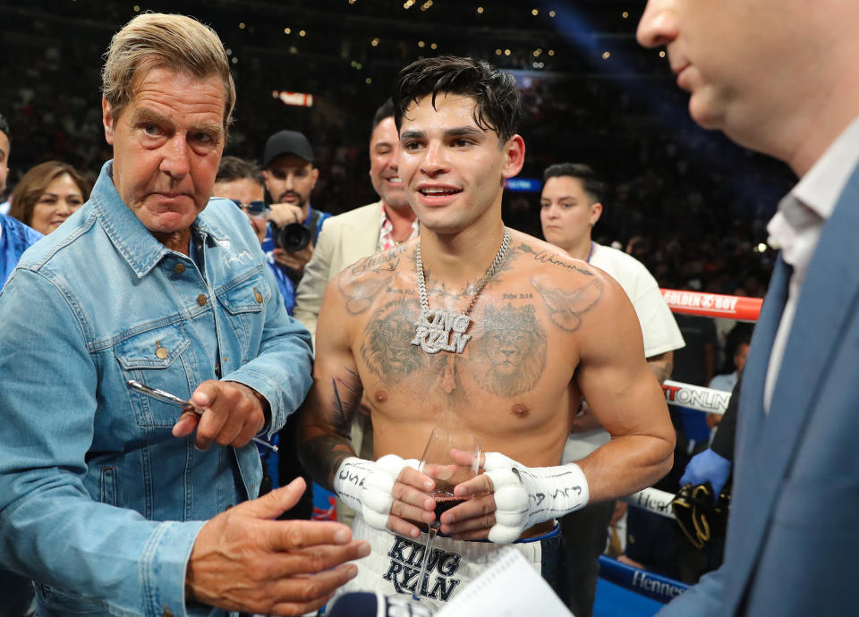 Barring any unexpected late snags, Ryan Garcia (above with trainer Joe Goossen) will fight Gervonta Davis on April 15 in Las Vegas. (Photo by Tom Hogan/Golden Boy Promotions via Getty Images)