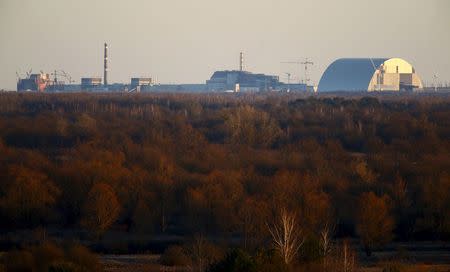 Chernobyl nuclear power station is seen from a tower in the 30 km (19 miles) exclusion zone around the Chernobyl nuclear reactor, in the abandoned village of Krasnoselie, Belarus, February 17, 2016. REUTERS/Vasily Fedosenko