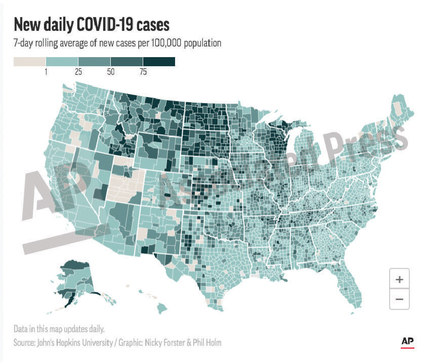 This preview image of an AP digital embed map shows county-level data for new COVID-19 cases on a 7-day rolling average. (AP Digital Embed)