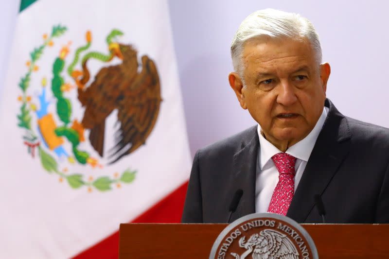 Mexico's President Andres Manuel Lopez Obrador delivers a speech on the third anniversary of his presidential election victory at National Palace in Mexico City