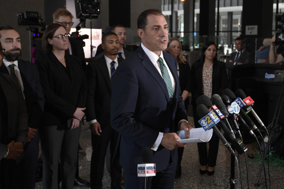 John R. Lausch, Jr., United States Attorney for the Northern District of Illinois, speaks at the Dirksen Federal Courthouse in Chicago after verdicts were reached in R. Kelly's trial, Wednesday, Sept. 14, 2022, in Chicago. A federal jury on Wednesday convicted R. Kelly of several child pornography and sex abuse charges in his hometown of Chicago, delivering another legal blow to a singer who used to be one of the biggest R&B stars in the world. (AP Photo/Matt Marton)