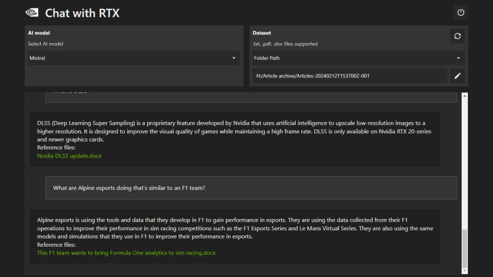 Nvidia's Chat with RTX software in use, which offers a personally trained LLM.