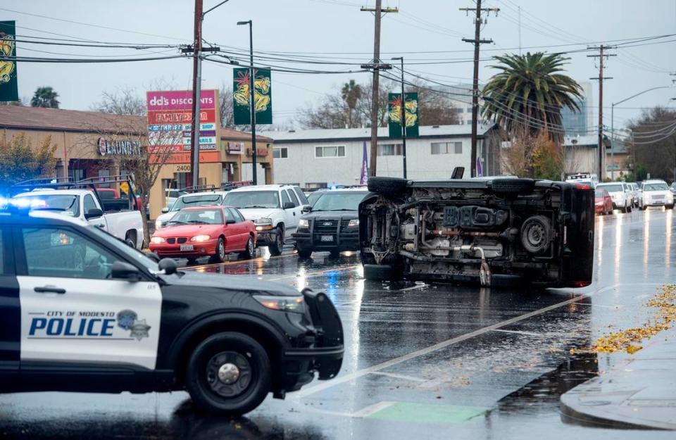 Coffee Road is clogged after a traffic accident in Modesto, Calif., on Monday, Dec. 13, 2021.