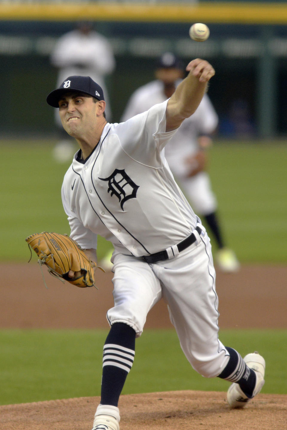 Detroit Tigers starting pitcher Matthew Boyd throws to a Kansas City Royals batter during the first inning of a baseball game Tuesday, Sept. 15, 2020, in Detroit. (AP Photo/Jose Juarez)