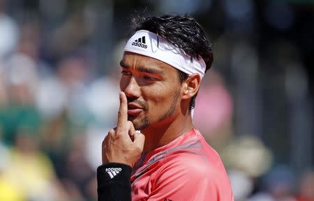 Fabio Fognini of Italy reacts during his match against Jerzy Janowicz of Poland at the Monte Carlo Masters in Monaco April 13, 2015. REUTERS/Eric Gaillard