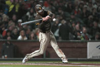 San Diego Padres' Wil Myers hits a two-run double against the San Francisco Giants during the eighth inning of a baseball game in San Francisco, Friday, May 20, 2022. (AP Photo/Tony Avelar)